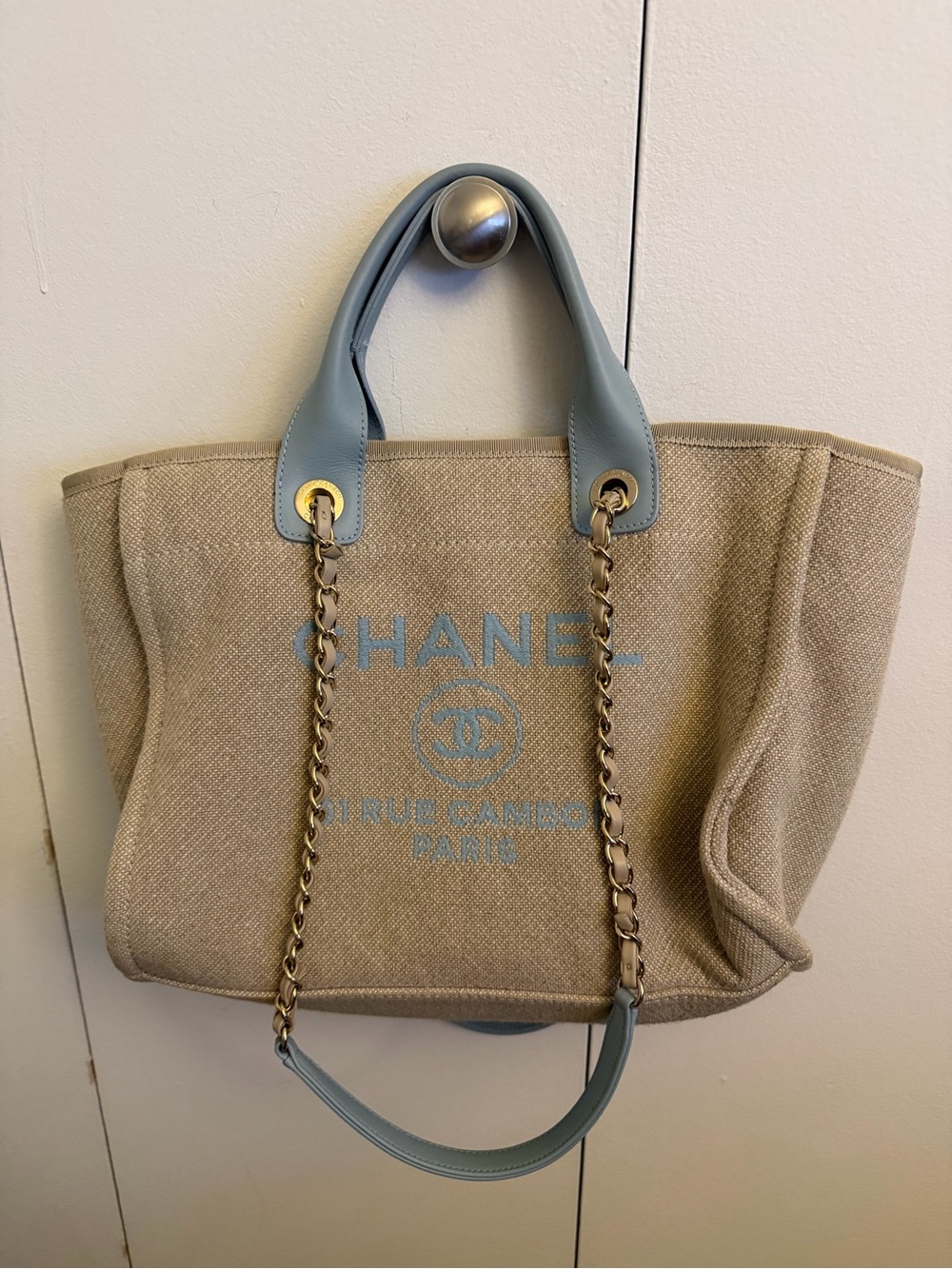 CHANEL deauville tote Beige with Light Blue Leather Trim